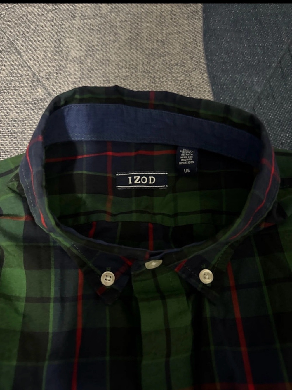 Izod Green and Navy Plaid Button-Down Shirt with Red Accents
